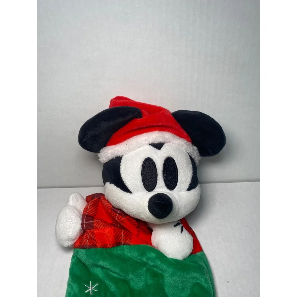 Disney Mickey Mouse Plush Christmas Stocking Jingle Bell Fun Green Red Plaid 18